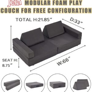 jela Kids Couch Extended Size 8PCS for Family, Floor Sofa Couch Modular Funiture for Kids Adults, Playhouse Play Set for Toddlers Babies, Modular Foam Play Couch Indoor 66" x 33" x 22" Darkgrey