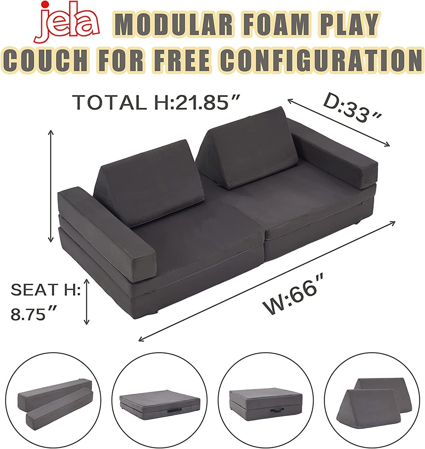 jela Kids Couch Extended Size 8PCS for Family, Floor Sofa Couch Modular Funiture for Kids Adults, Playhouse Play Set for Toddlers Babies, Modular Foam Play Couch Indoor 66" x 33" x 22" Darkgrey