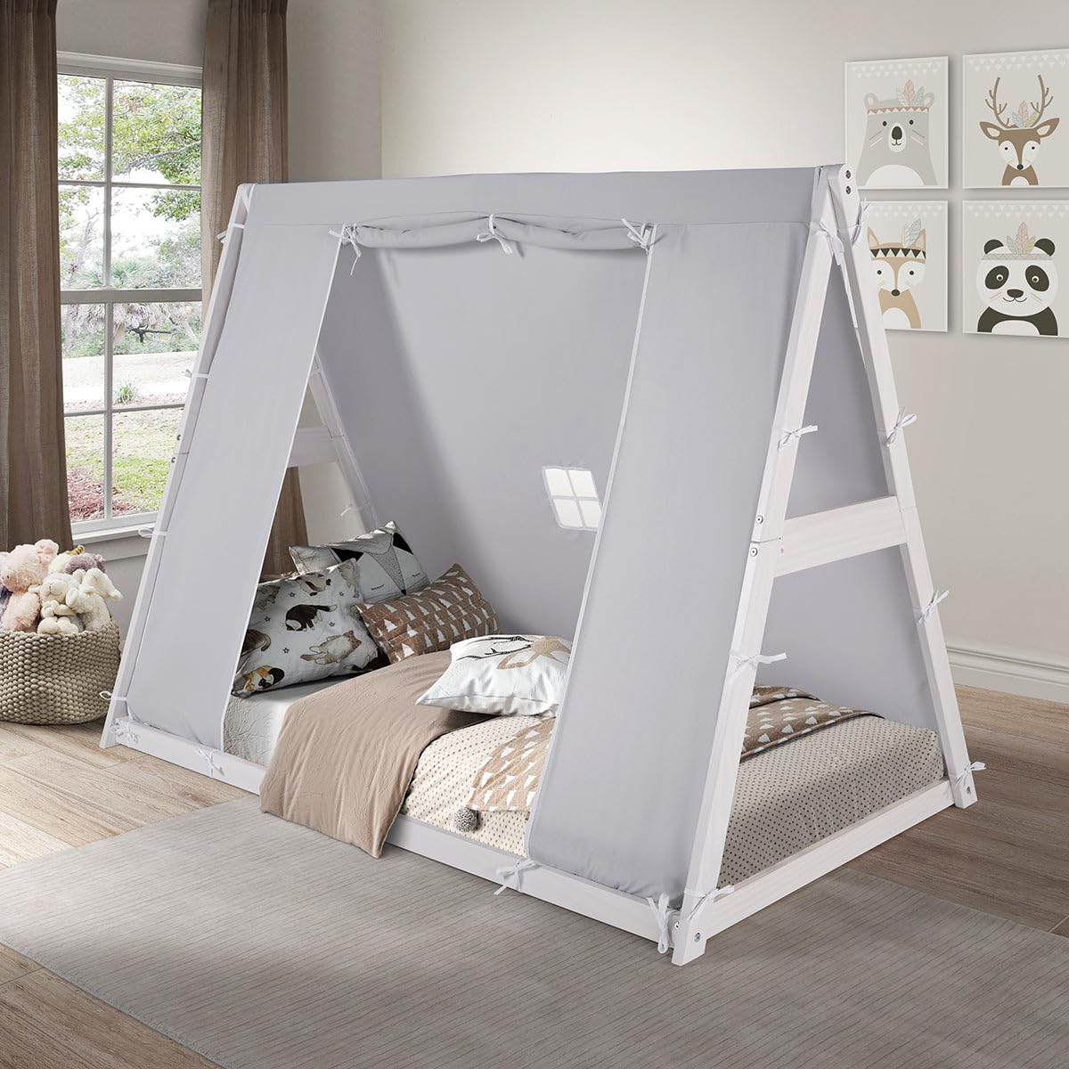 P'Kolino New Tent Twin Floor Bed - Natural or White Frame, Grey Tent, Children’s Bedroom Furniture … (White Frame)