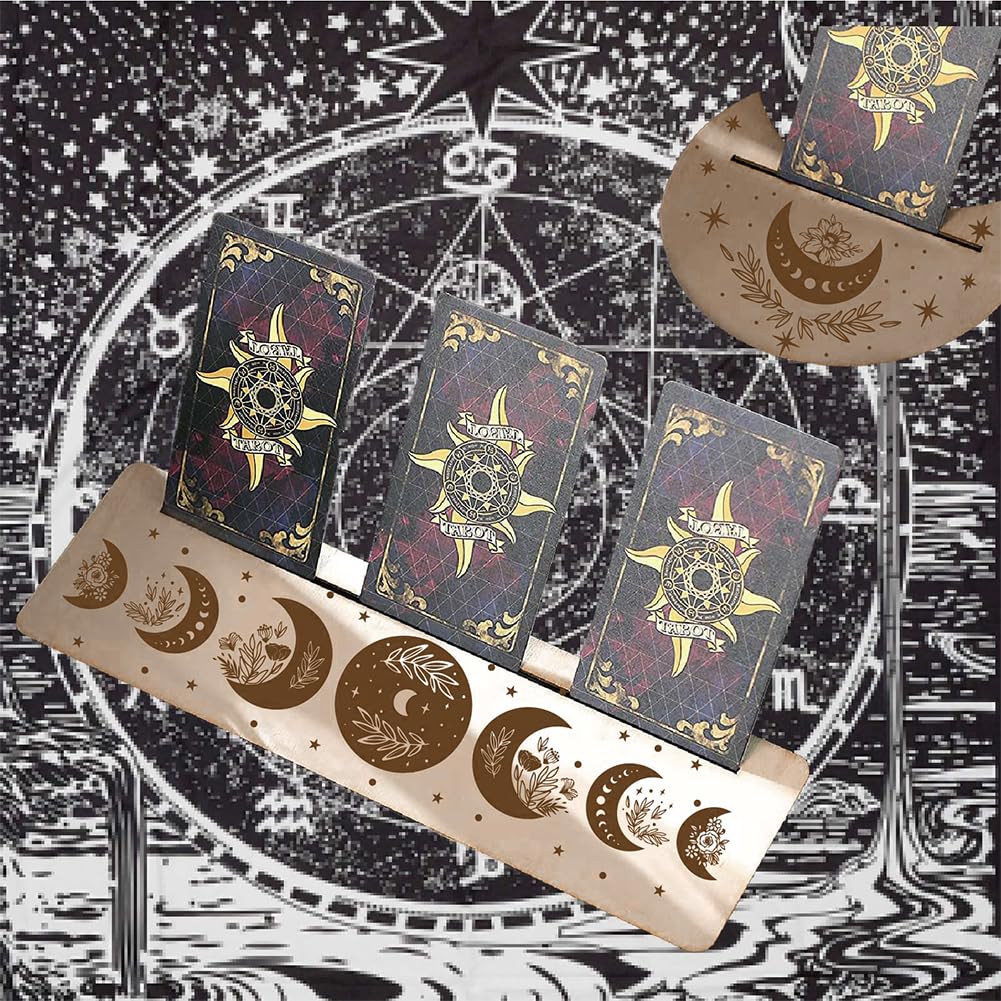 GORGECRAFT 2PCS Wooden Card Stand for Tarot 5" Moon Shape and 10" Rectangle Wood Tarot Cards Altar Stand Display Holder Witch Divination Tools Majic Ceremonial Wiccan Supplies(Moon Phase and Flower)