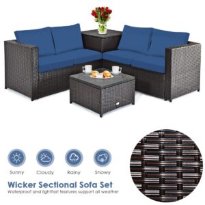 DORTALA 4-Piece Outdoor Patio Furniture Set, Weather Resistant PE Rattan Conversation Set with 2 Loveseats, Outdoor Sectional Sofa Set with Comfy Cushions for Garden and Poolside, Navy