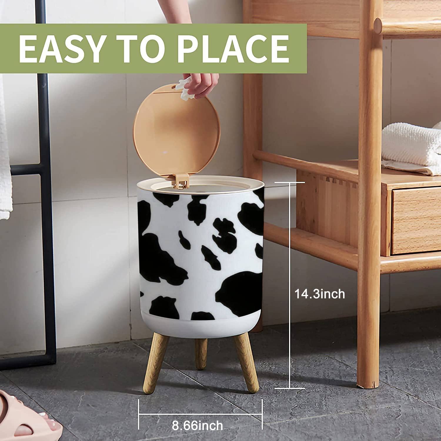 IBPNKFAZ89 Small Trash Can with Lid Cow Skin Imitation Seamless Print Realistic Texture of Animals Black Garbage Bin Wood Waste Bin Press Cover Round Wastebasket for Bathroom Bedroom Office Kitchen