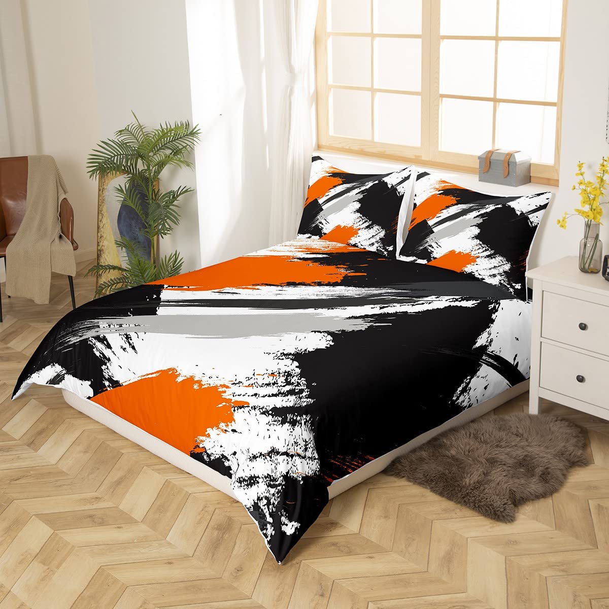 Hipple Graffiti Duvet Cover Set King Size,Abstract Street Art Comforter Cover with 2 Pillowcases,3 Piece,Black White Orange Bedding Set for Adult Young Bedroom Xmas Gift