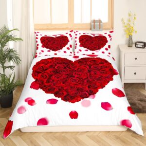 Red Heart Duvet Cover Set Queen Size,Rose Floral Petals Bedding Set 3pcs for Man Woman Adult Room Decor, Valentine's Day Gift Comforter Cover Wedding White Romantic Quilt Cover with 2 Pillowcases