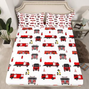 Erosebridal Fire Truck Sheet Set Twin for Boys Teens Girls Firemen Car Vehicle Flat Sheet Kids Youth Firefighter Truck Fitted Sheet Red Fire Fighting Supplies Print Bed Sheet Set with 1 Pillowcase