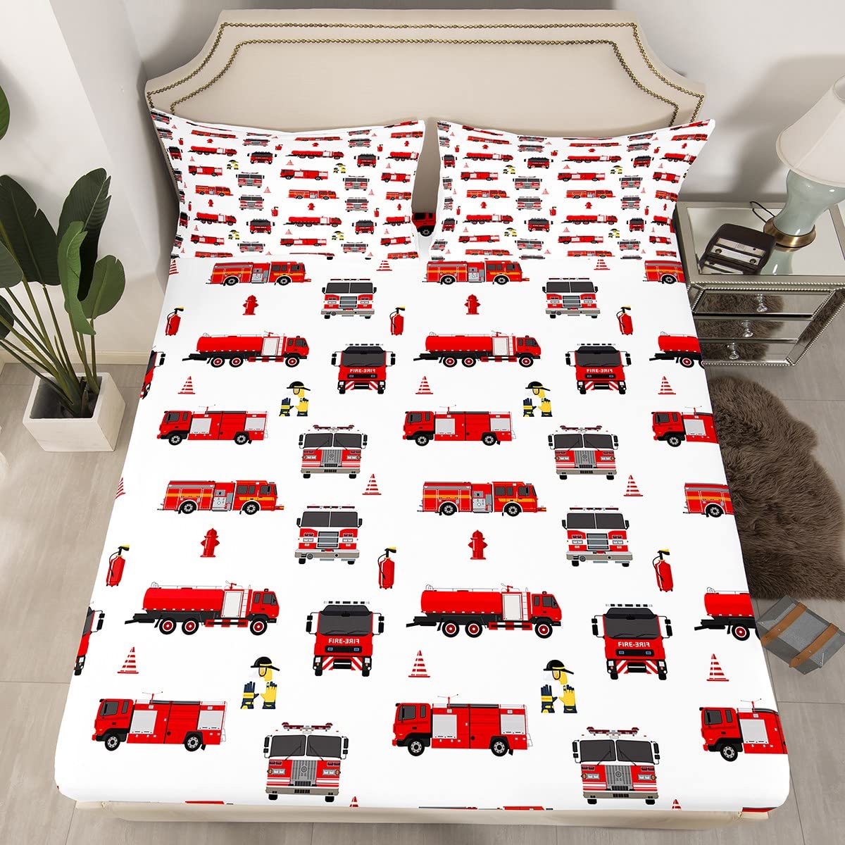 Erosebridal Fire Truck Sheet Set Twin for Boys Teens Girls Firemen Car Vehicle Flat Sheet Kids Youth Firefighter Truck Fitted Sheet Red Fire Fighting Supplies Print Bed Sheet Set with 1 Pillowcase