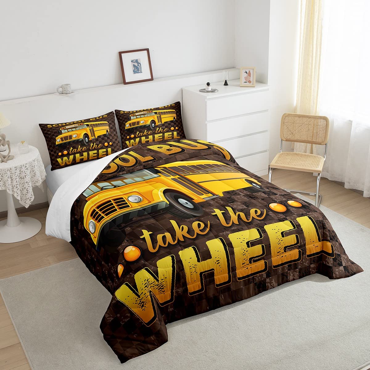 School Bus Comforter Set Queen for Boys Teens Grids Camouflage Quilted Duvet Kids Girls Youth School Car Bedding Set Lattice Camo Design Soft Microfiber Bedding Comforters With 2 Pillowcases