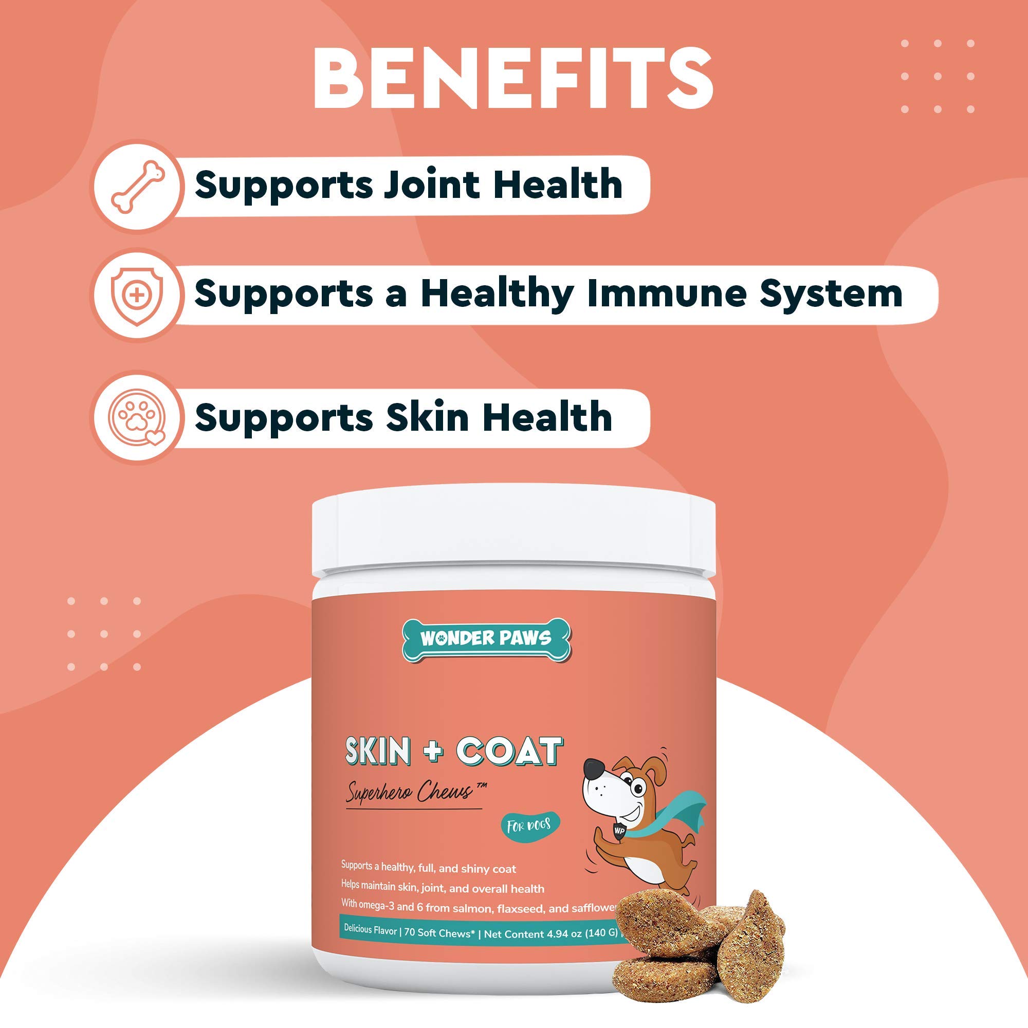 WONDER PAWS Skin + Coat Chews Plus Omega Max Fish Oil - for Dog Joint Health, Skin and Coat Care, & Immune System Support - Skin + Coat 70 Chews - Omega Max 16 Ounces