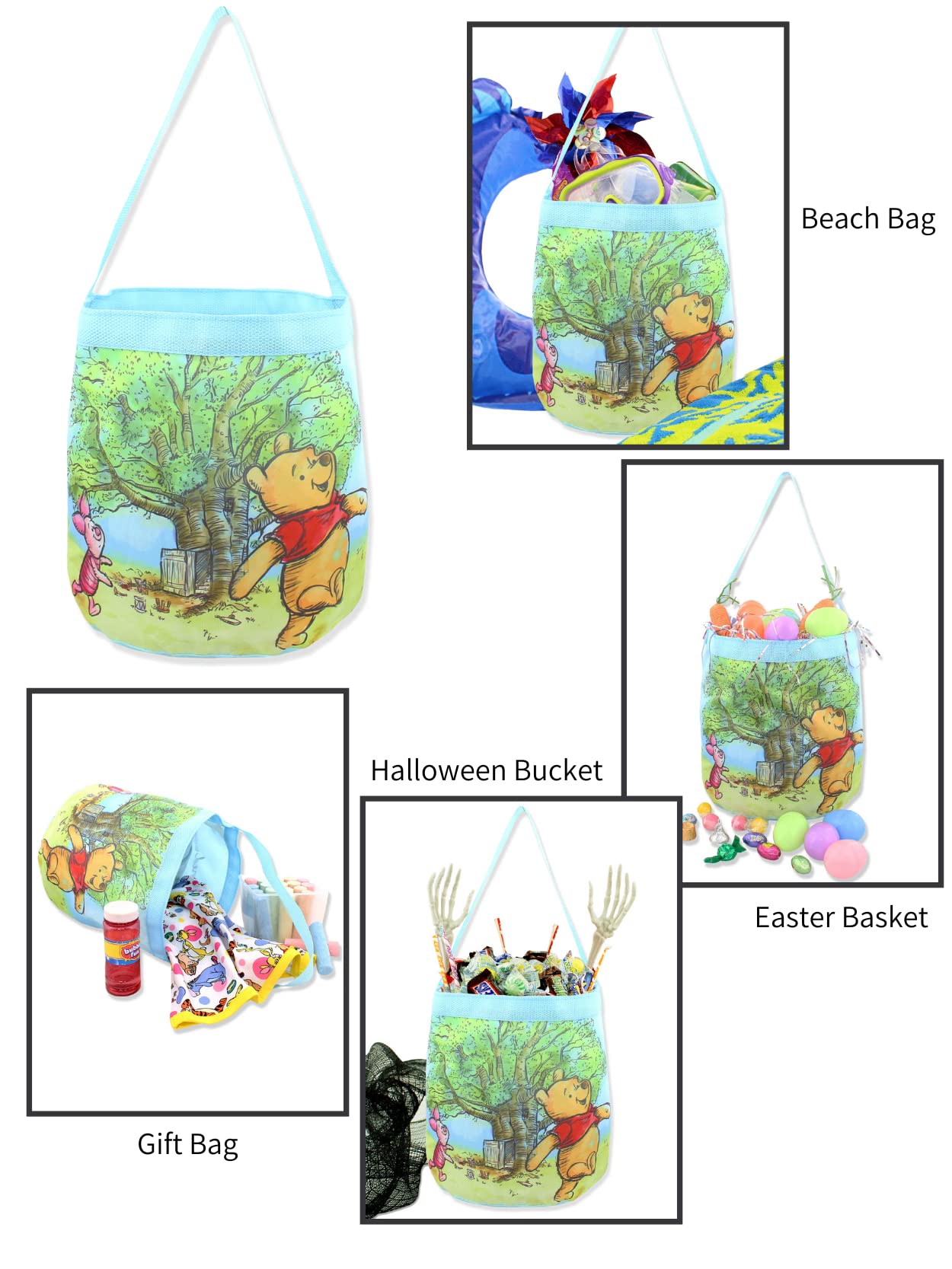 Winnie the Pooh Kids Collapsible Nylon Gift Basket Bucket Tote Bag (One Size, Blue)