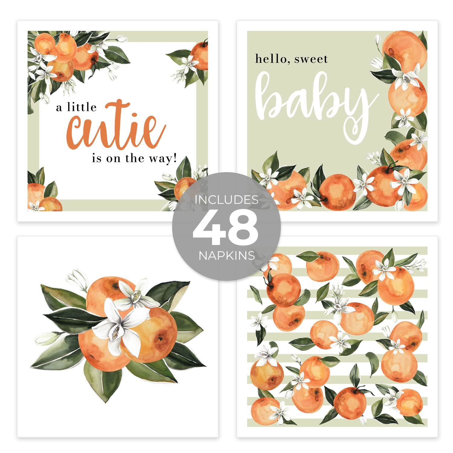 Little Cutie Baby Shower Beverage Napkins / 48 Citrus Cocktail Napkins / 4 Adorable Orange Clementine Designs / 4 3/4" x 4 3/4" Party 3 Ply Napkin Set/Made In The USA