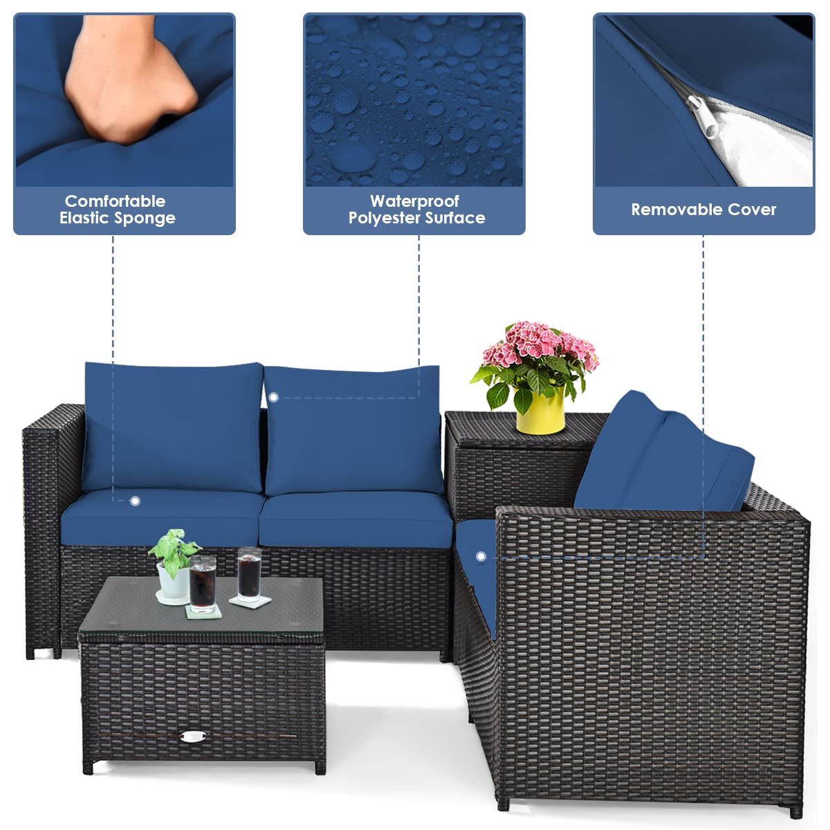 DORTALA 4-Piece Outdoor Patio Furniture Set, Weather Resistant PE Rattan Conversation Set with 2 Loveseats, Outdoor Sectional Sofa Set with Comfy Cushions for Garden and Poolside, Navy