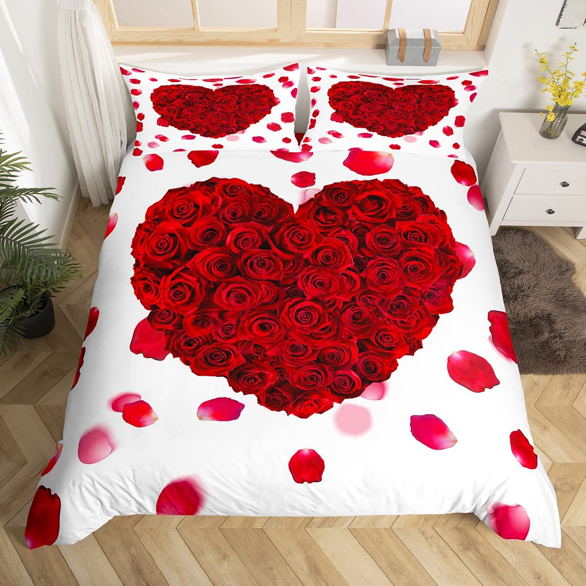 Red Heart Duvet Cover Set Queen Size,Rose Floral Petals Bedding Set 3pcs for Man Woman Adult Room Decor, Valentine's Day Gift Comforter Cover Wedding White Romantic Quilt Cover with 2 Pillowcases