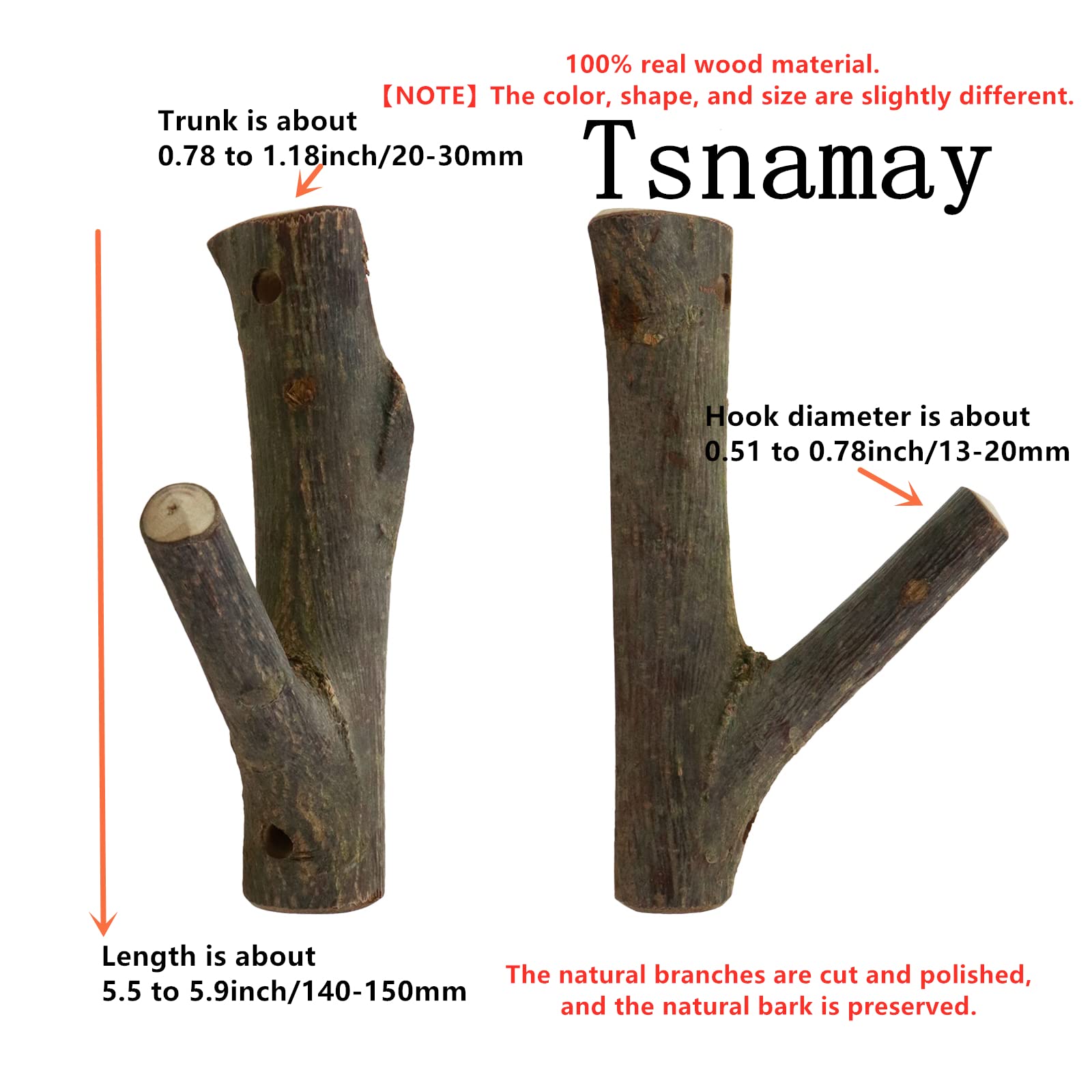 Tsnamay 4Pcs Real Wood Tree Branch Wall Hook, Farmhouse Rustic Decorative Wooden with Bark Trunk Thickness 2cm-3cm with Screw