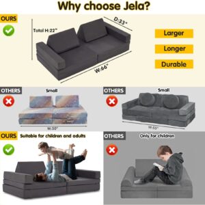 jela Kids Couch Extended Size 8PCS for Family, Floor Sofa Couch Modular Funiture for Kids Adults, Playhouse Play Set for Toddlers Babies, Modular Foam Play Couch Indoor 66" x 33" x 22" Darkgrey