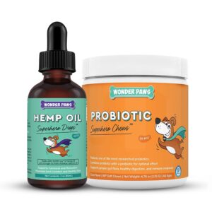 wonder paws organic hemp oil plus probiotic superhero chews - for dogs gut health, digestion, immune support, joint health & calmness - hemp oil 60 ml - probiotic 90 chews