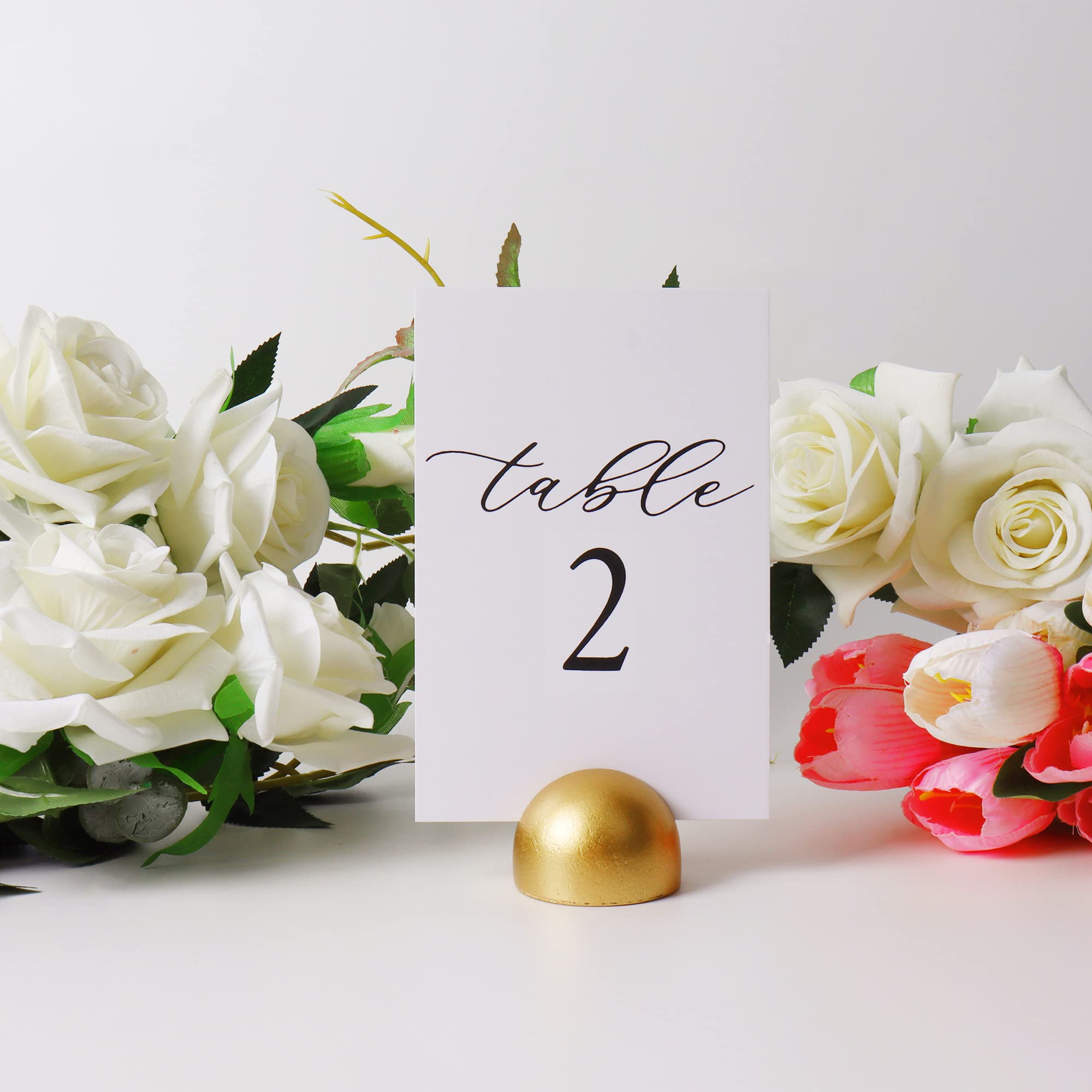 Hanna Roberts Modern Cursive Table Number Card Stock Signs with Round Stand for Wedding Reception, Restaurant, Event Party, 4" x 6" (Set of 10, 1-10, Gold)