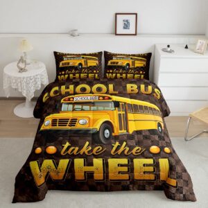 school bus comforter set queen for boys teens grids camouflage quilted duvet kids girls youth school car bedding set lattice camo design soft microfiber bedding comforters with 2 pillowcases