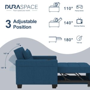 DURASPACE 39 Inch Sleeper Chair 3-in-1 Convertible Chair Bed Pull Out Sleeper Chair Beds Adjustable Single Armchair Sofa Bed with USB Ports, Side Pocket, Cup Holder (Navy Blue Linen)