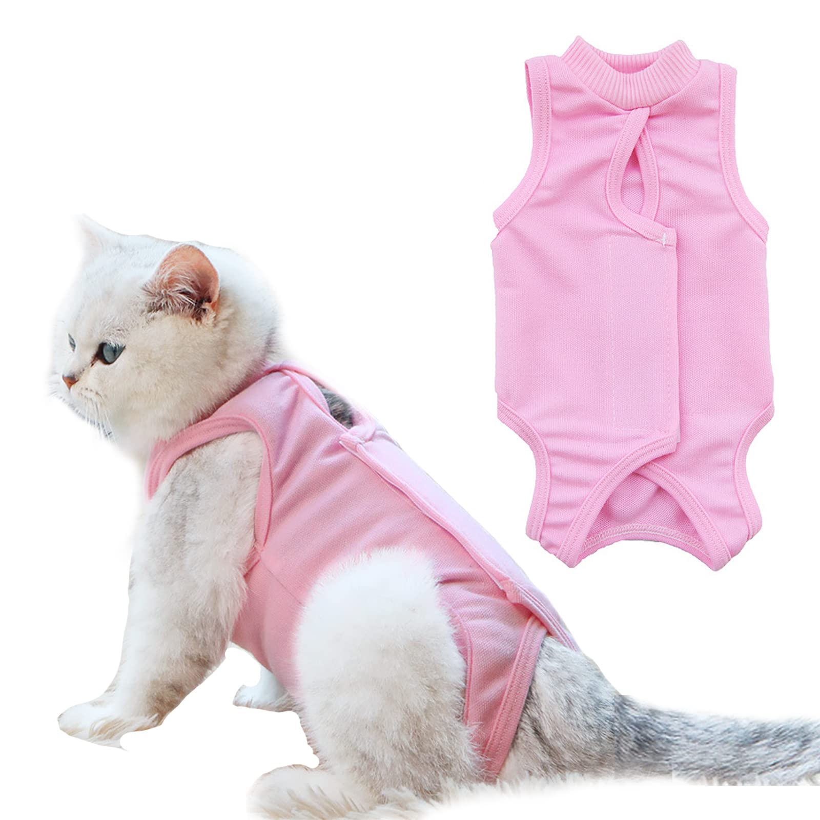 HACRAHO Cat Recovery Suit, 1 Pack Pink Soft Breathable Cat Recovery Clothes E-Collar Cat Wound Surgery Recovery Suit After Surgery Wear for Cats Kitten, S