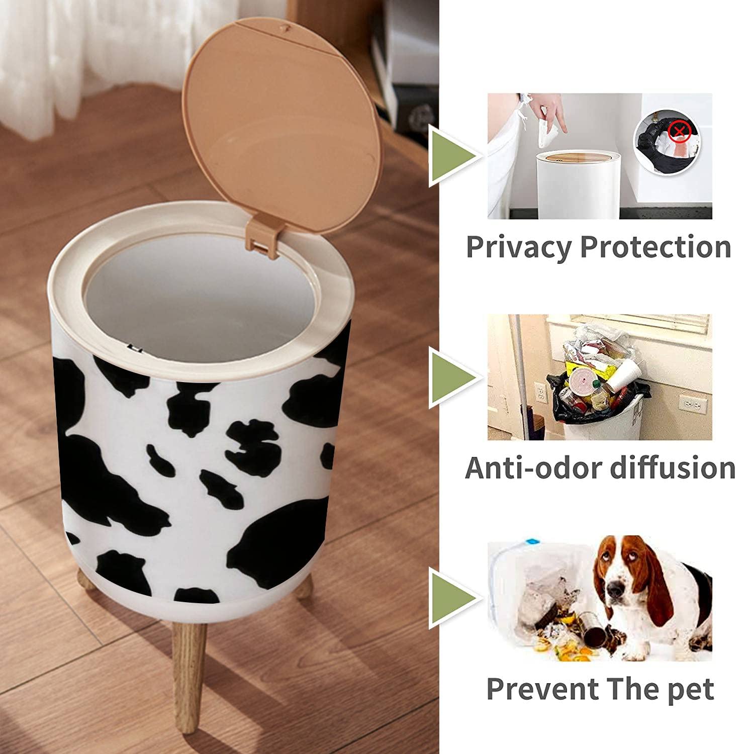 IBPNKFAZ89 Small Trash Can with Lid Cow Skin Imitation Seamless Print Realistic Texture of Animals Black Garbage Bin Wood Waste Bin Press Cover Round Wastebasket for Bathroom Bedroom Office Kitchen