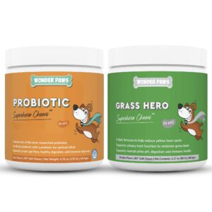 wonder paws probiotic chews plus grass hero soft chews - for dog kidney support, urinary tract health, lawn treatment, digestion & gut health - probiotic 90 chews - grass hero 60 chews