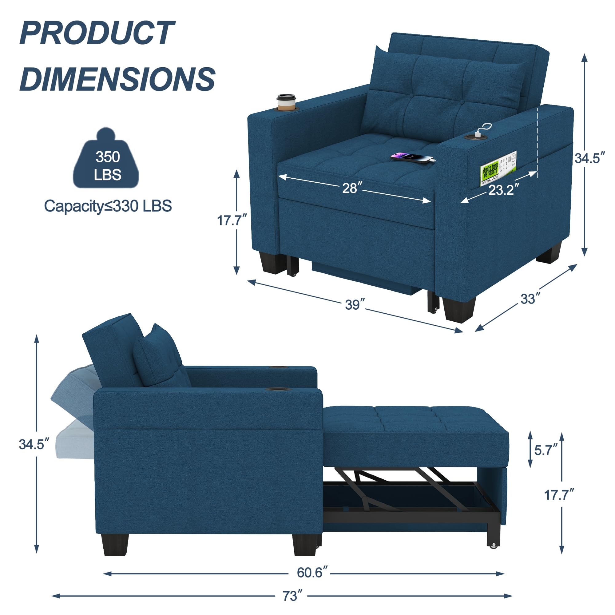 DURASPACE 39 Inch Sleeper Chair 3-in-1 Convertible Chair Bed Pull Out Sleeper Chair Beds Adjustable Single Armchair Sofa Bed with USB Ports, Side Pocket, Cup Holder (Navy Blue Linen)