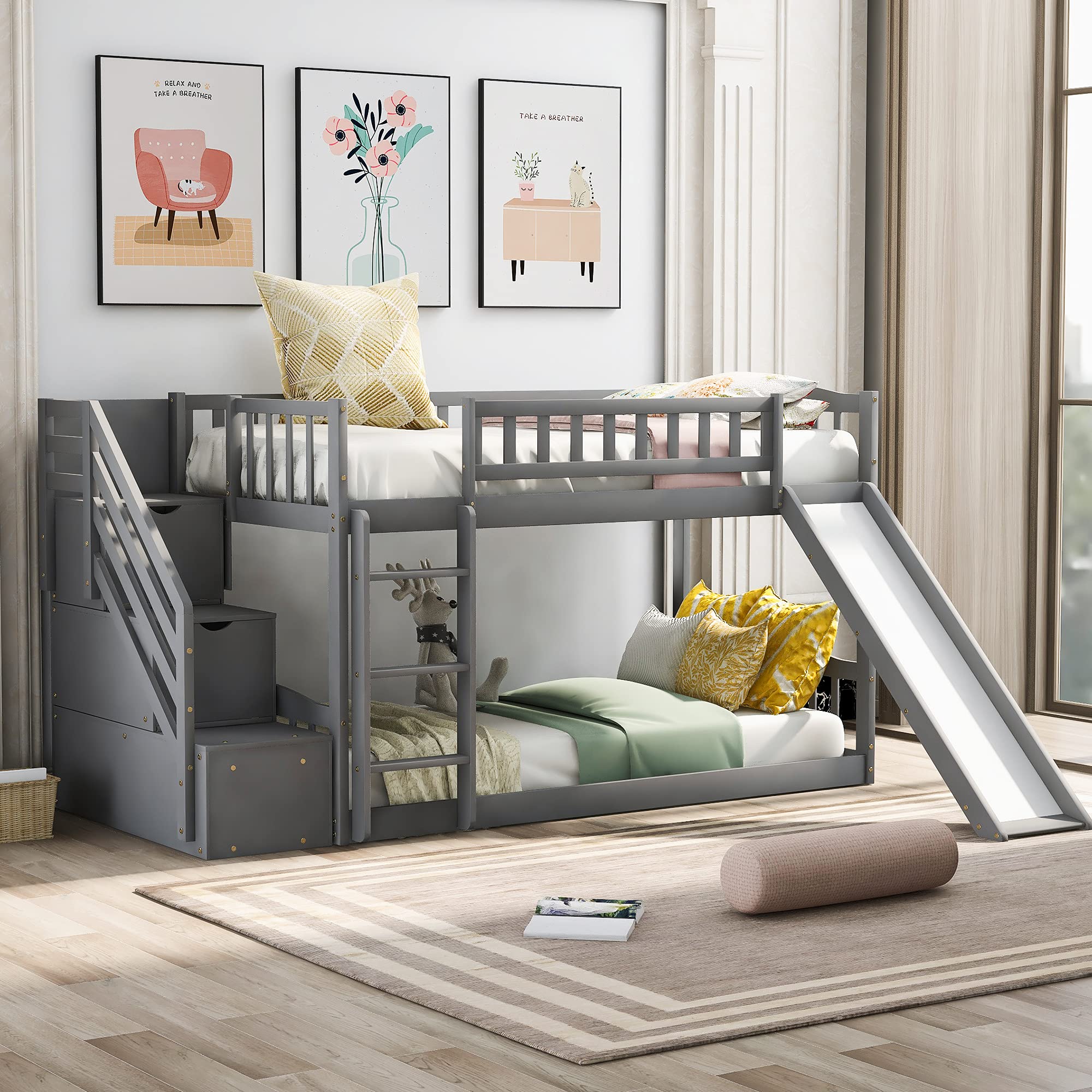 Harper & Bright Designs Kids Bunk Bed Twin Over Twin, Wooden Bunk Bed with Slide and Guardrail, Floor Bunk Bed with Stairway/Two Drawers/Handrail, Space-Saving Bedroom Dormitory Furniture (Gray)