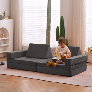 jela kids couch extended size 8pcs for family, floor sofa couch modular funiture for kids adults, playhouse play set for toddlers babies, modular foam play couch indoor 66" x 33" x 22" darkgrey