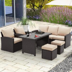 HOMREST 6 Pieces Patio Furniture Sets Clearance, Patio Dining Sofa Set Outdoor Sectional Sofa Conversation Set All Weather Wicker Rattan Couch Dining Table & Chair (Beige)