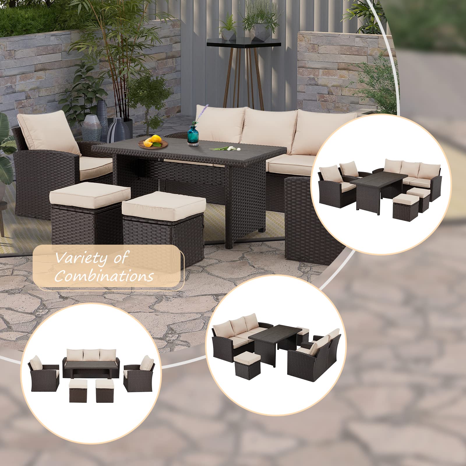 HOMREST 6 Pieces Patio Furniture Sets Clearance, Patio Dining Sofa Set Outdoor Sectional Sofa Conversation Set All Weather Wicker Rattan Couch Dining Table & Chair (Beige)