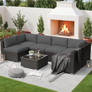 SOLAURA 7 Pieces Outdoor Patio Furniture Set, Black Brown Rattan Outdoor Patio Sectional Conversation Set, Modular Sofa Set with Coffee Table, Grey Cushion