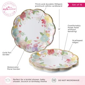 Kate Aspen Garden Blooms 9 in. Premium Decorative Paper Plates | Party Supplies (350 GSM weight -Set of 16) - Perfect for Weddings, Bridal Brunches, Bridal/ Baby Showers