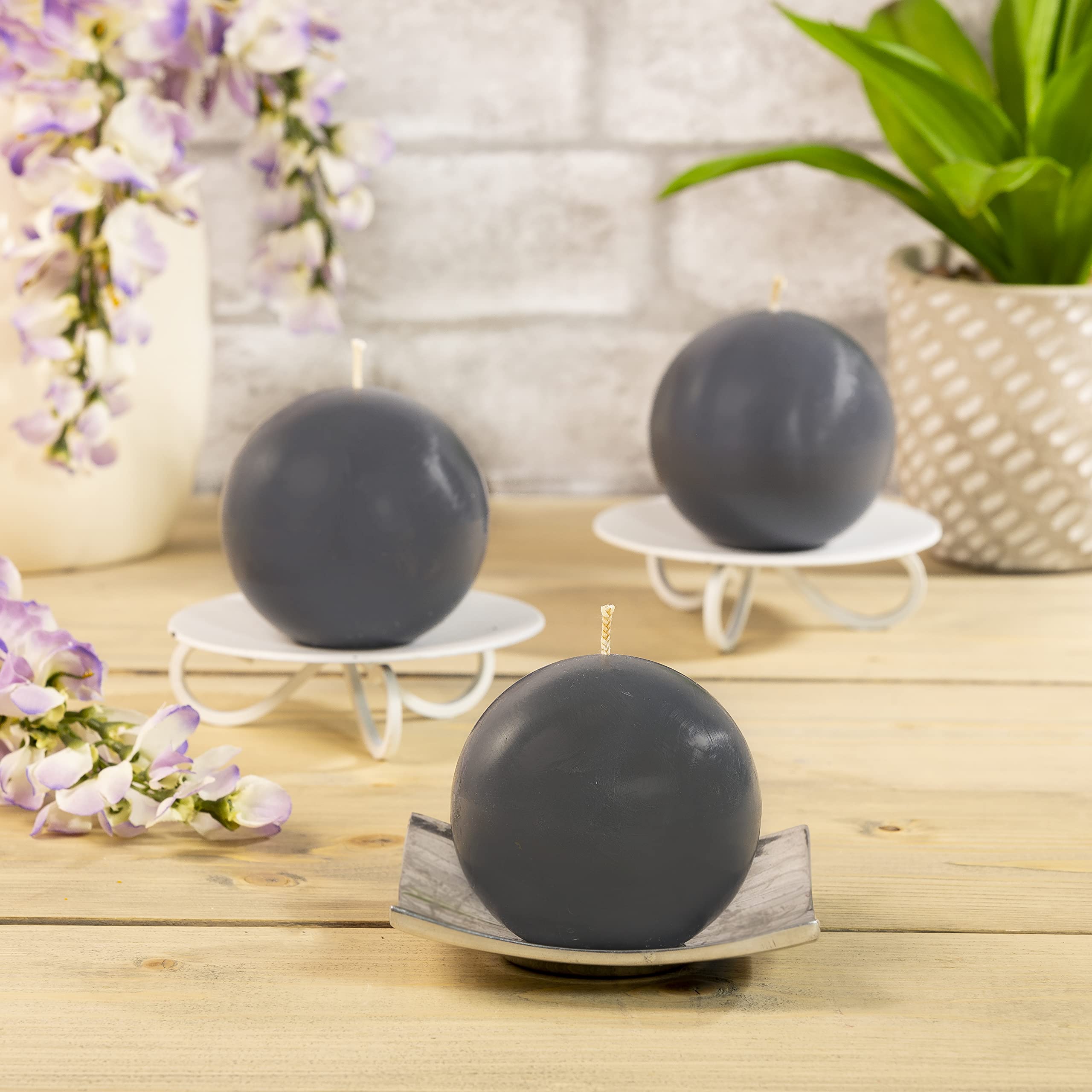 Unscented Round Candles Set of 3 | Long Lasting 3 Inch Ball Candles with Clean Burning Cotton Wick | Shaped Gray Wax Candles for Unique Centerpiece and Wedding Decorations