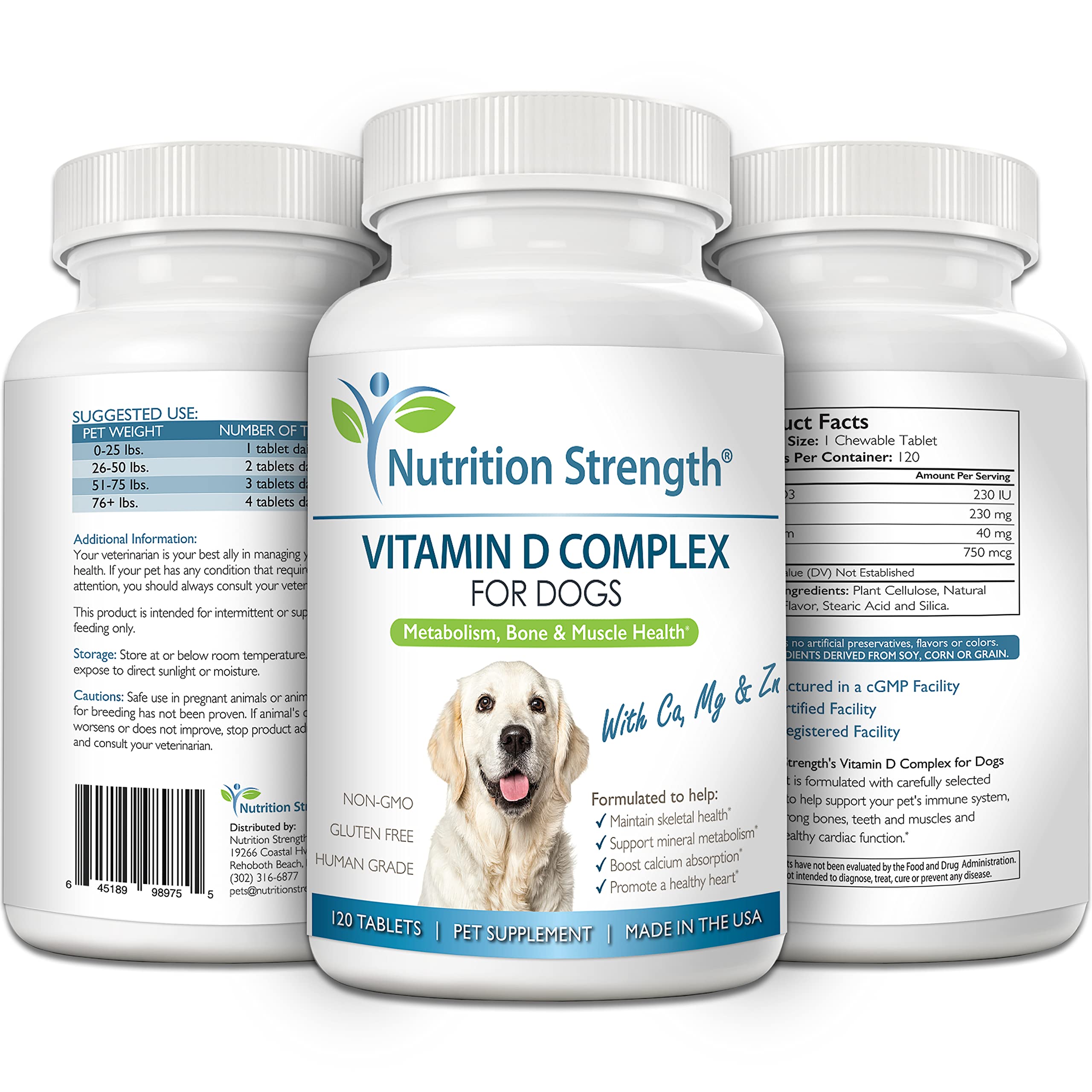 Nutrition Strength Vitamin D for Dogs with Calcium, Magnesium and Zinc to Support Strong Teeth, Bones and Muscles, Promote Mineral Metabolism and a Healthy Immune Function, 120 Chewable Tablets