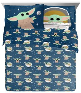 jay franco star wars the mandalorian hello grogu queen size sheet set - 4 piece set super soft and cozy kid’s bedding - fade resistant microfiber sheets (official star wars product)