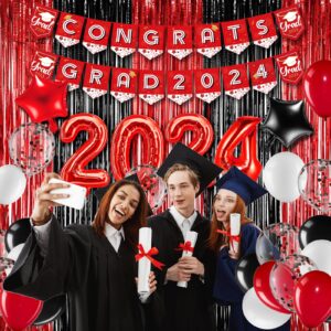 BBTO Graduation Decorations 2024 Graduation Party Supplies Congrats Grad Banner Confetti Star Balloons Foil Fringe Curtain Tablecloth for College High School Grad Decor (Red, Black)