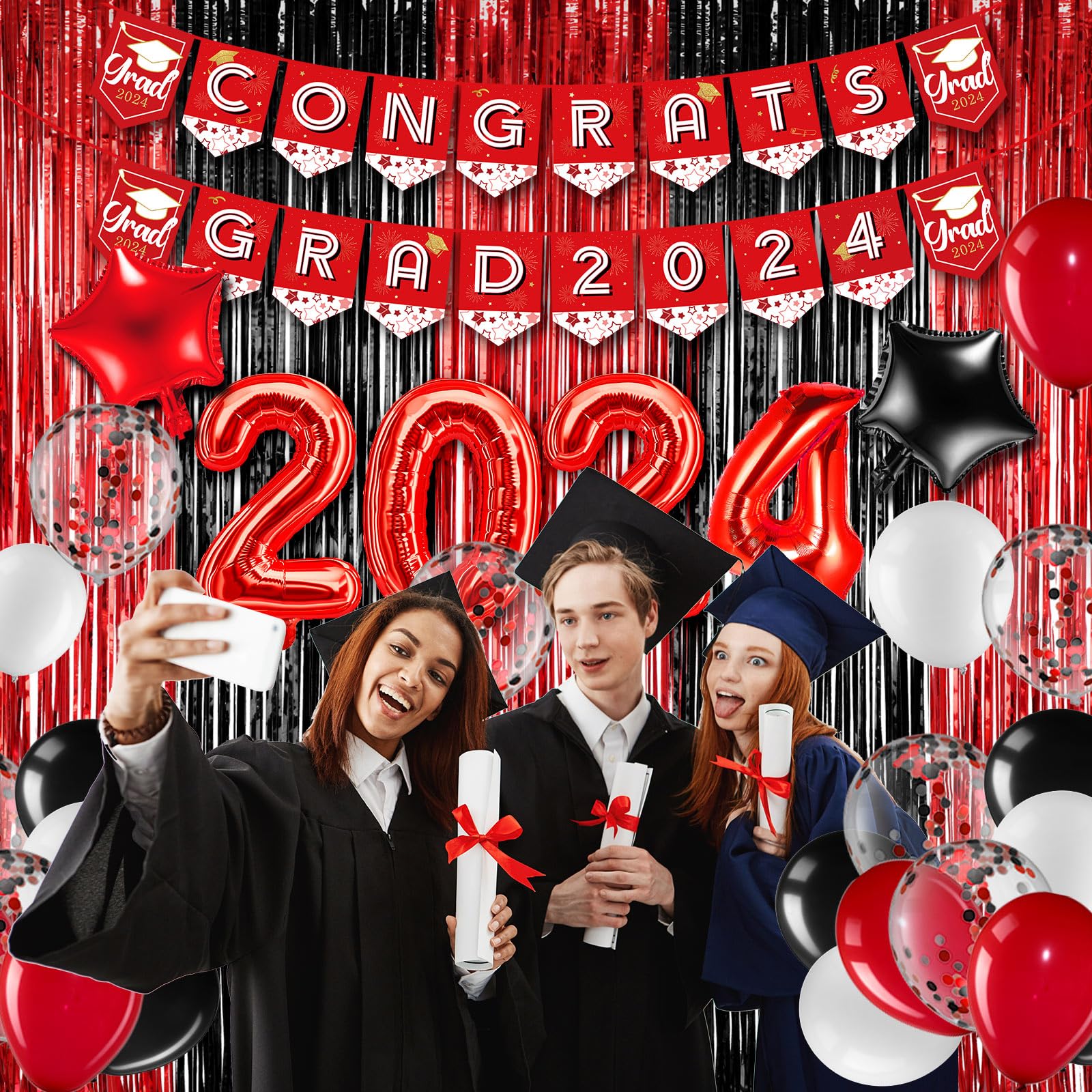 BBTO Graduation Decorations 2024 Graduation Party Supplies Congrats Grad Banner Confetti Star Balloons Foil Fringe Curtain Tablecloth for College High School Grad Decor (Red, Black)