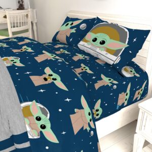 Jay Franco Star Wars The Mandalorian Hello Grogu Queen Size Sheet Set - 4 Piece Set Super Soft and Cozy Kid’s Bedding - Fade Resistant Microfiber Sheets (Official Star Wars Product)