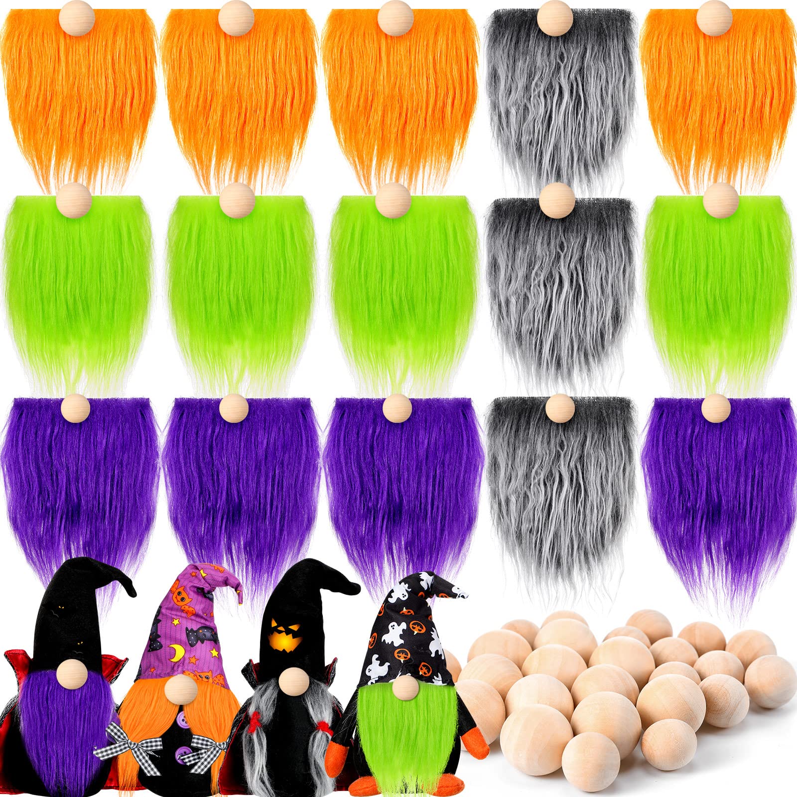 Tudomro 15 Pcs Gnome Beards for Crafting Faux Fabric Precut Gnomes Beards Handmade 30 Pieces Wood Balls for Halloween Christmas Easter Valentine's Day Independence Day(Orange, Green, Purple, Gray)