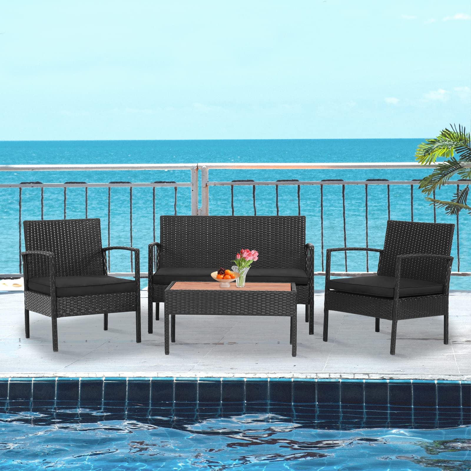 Tangkula 4 Piece Patio Rattan Conversation Set, Outdoor Wicker Sofa Furniture Set W/Loveseat & 2 Single Chairs, Acacia Wood Tabletop, Outside Sectional Set for Poolside, Deck, Garden (1, Black)