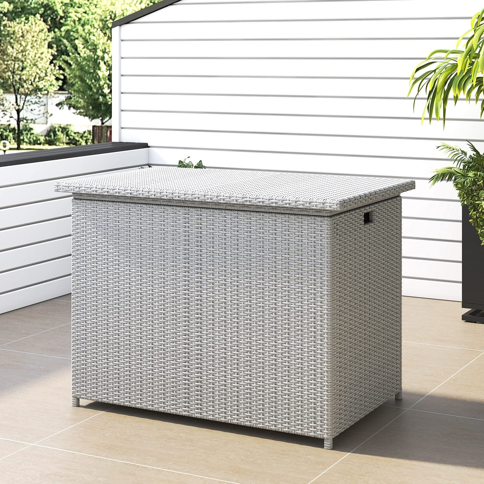 Lepus Large Outdoor Waterfroof Deck Box, Grey 130 Gallon Rattan Deck Storage Box with Built-in Waterproof Bag for Seat Cushion on Patio Garden, Poolside