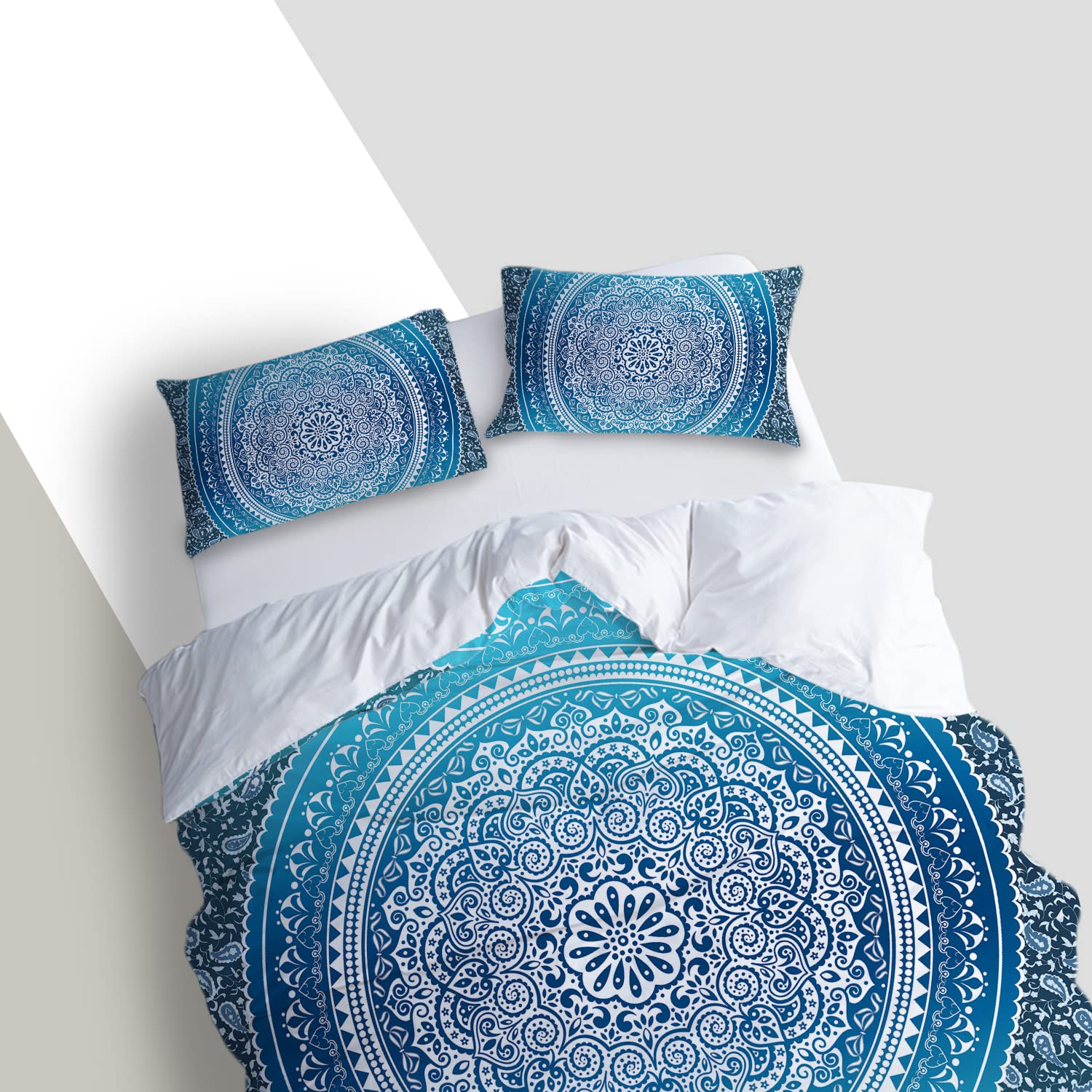 MILANKET Blue Boho Queen Duvet Cover Set, Soft Breathable Microfiber Bohemian Mandala Comforter Cover, 3pcs Luxury Chic Blue Boho Paisley Floral Bedding Set, No Comforter