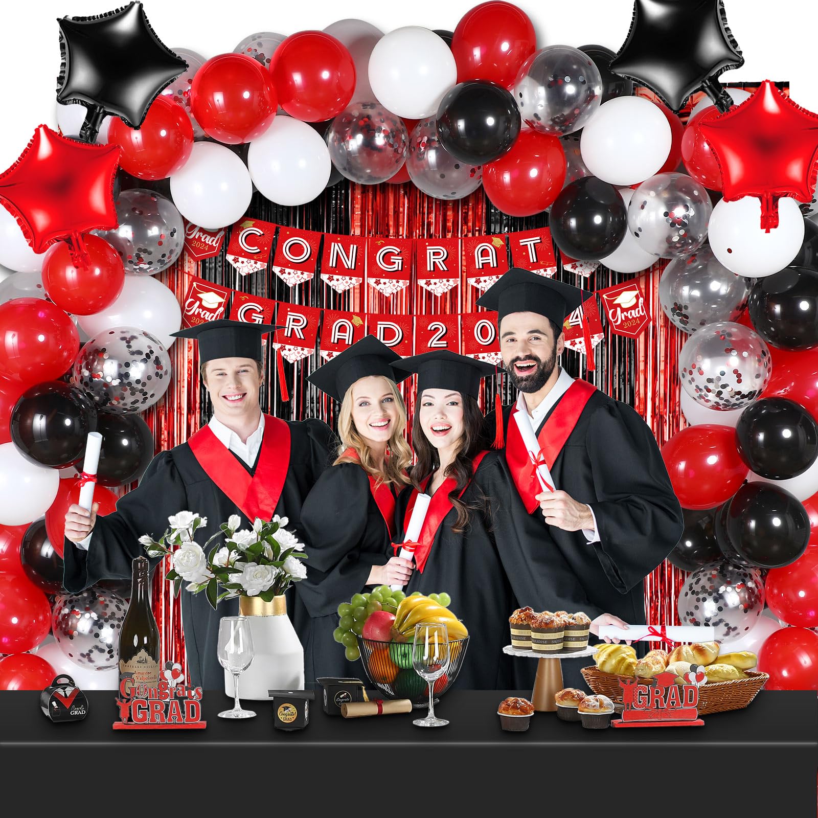 BBTO Graduation Decorations 2024 Graduation Party Supplies Congrats Grad Banner Confetti Star Balloons Foil Fringe Curtain Tablecloth for College High School Grad Decor (Red, Black)