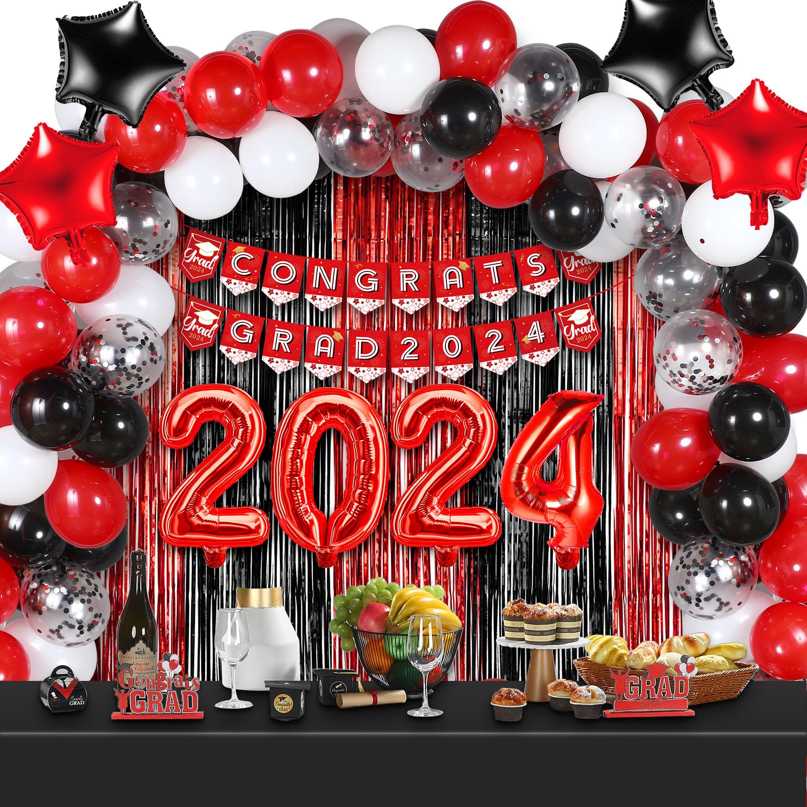 BBTO Graduation Decorations 2024 Graduation Party Supplies Congrats Grad Banner Confetti Star Balloons Foil Fringe Curtain Tablecloth for College High School Grad Decor (Red, Black)