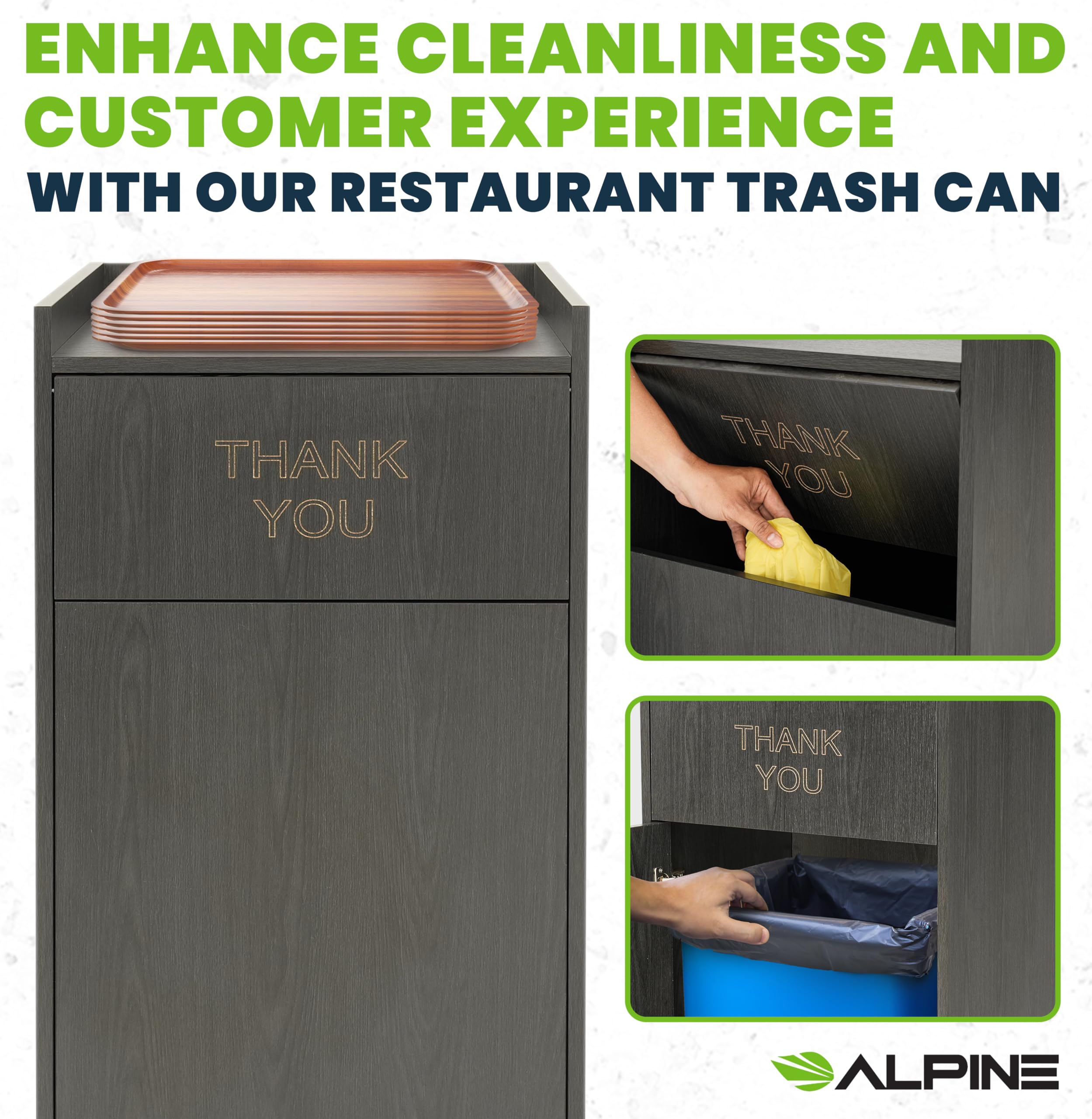 Alpine Restaurant Trash Can Cabinet - Commercial Trash Can 40 Gallon, Garbage Receptacle Indoor with Tray Holder for Restaurants, Cafeterias (Espresso Black)