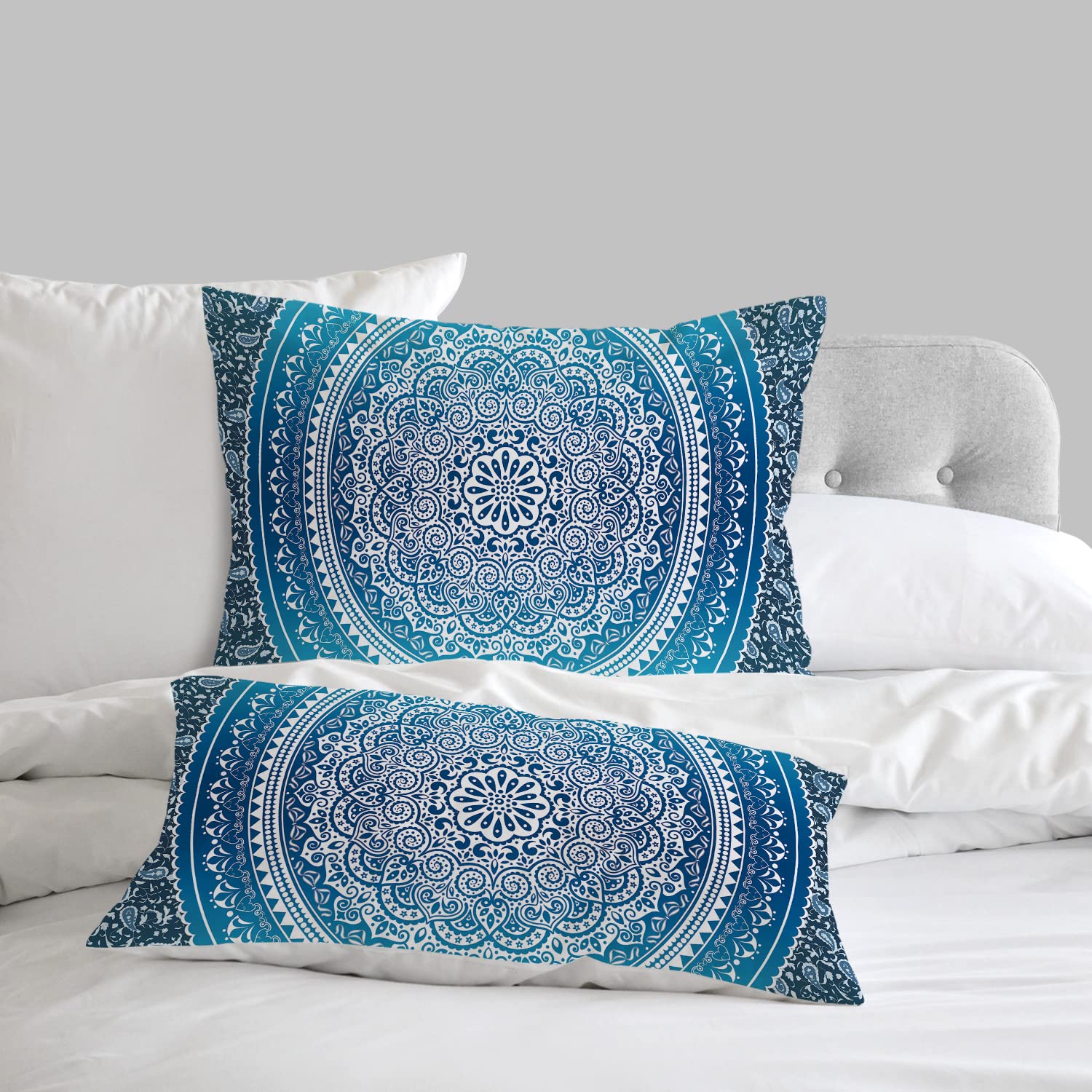 MILANKET Blue Boho Queen Duvet Cover Set, Soft Breathable Microfiber Bohemian Mandala Comforter Cover, 3pcs Luxury Chic Blue Boho Paisley Floral Bedding Set, No Comforter