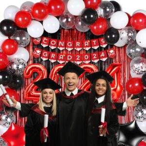 BBTO Graduation Decorations 2024 Graduation Party Supplies Congrats Grad Banner Confetti Star Balloons Foil Fringe Curtain Tablecloth for College High School Grad Decor (Red, Black)