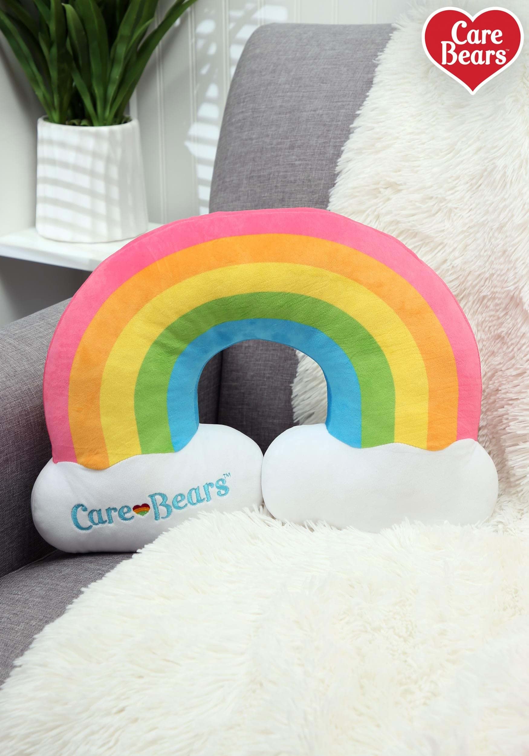 Fun Costumes Care Bears Rainbow Pillow Soft Flannel Pillow with Rainbow Stripes, Embroidered Logo, and Cushy Fiberfill Stuffing