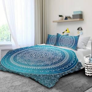 milanket blue boho queen duvet cover set, soft breathable microfiber bohemian mandala comforter cover, 3pcs luxury chic blue boho paisley floral bedding set, no comforter