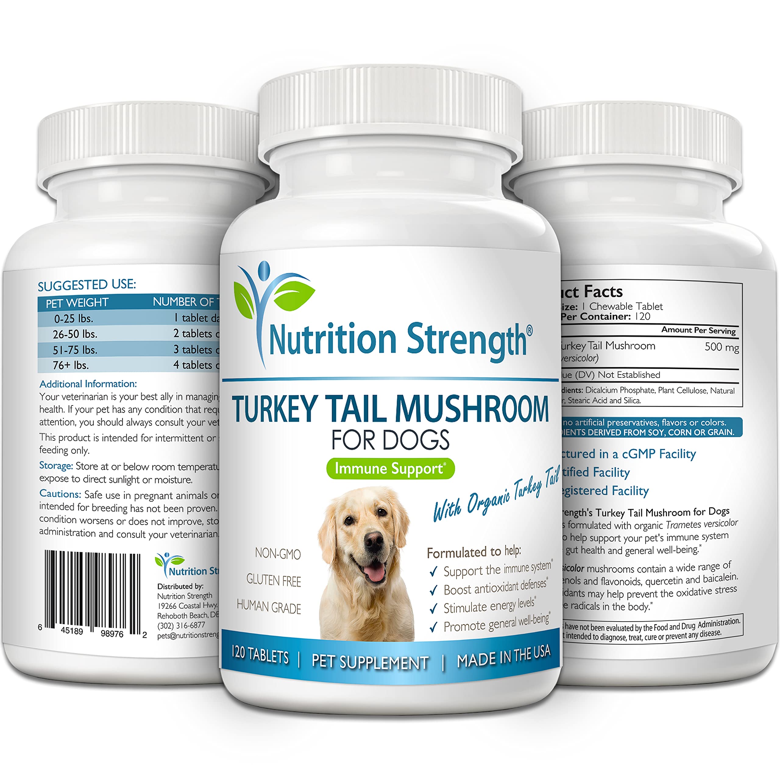 Nutrition Strength Turkey Tail Mushroom for Dogs to Support a Strong Immune System, Promote Gut Health, Antioxidant Activity & Inflammatory Relief, Reduce Fatigue & Boost Stamina, 120 Chewable Tablets